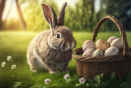 Easter bunny with a basket full of ornate eggs on a green lawn, sunny day. Generative AI.の素材