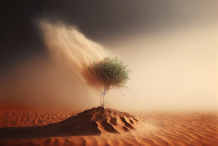 Alone tree grow in desert. Ecology concept. Strength of life. Generative Ai.の素材