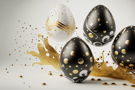Golden ornate Easter eggs on uniform background. Stylish Easter concept. Generative AI.の素材