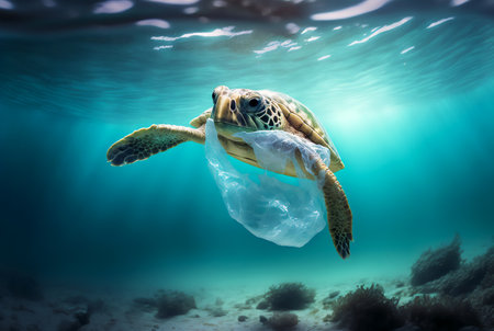 Turtle with a plastic bag. Ocean plastic pollution concept. Generative AI.の素材