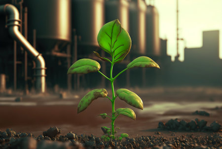 Green sprout in heavy industry polluted area. Concept of strength of life Generative AI.の素材