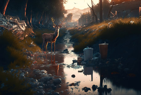 Deer near the water stream in forest polluted with garbage. Pollution concept. Generative AI.の素材
