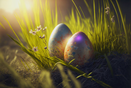 Ornate Easter eggs on a grass lawn on a sunny day. Generative AI.の素材