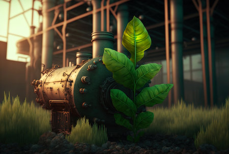 Green sprout in heavy industry polluted area. Concept of strength of life Generative AI.の素材