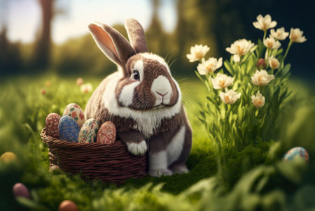 Easter bunny with a basket full of ornate eggs on a green lawn, sunny day. Generative AI.の素材