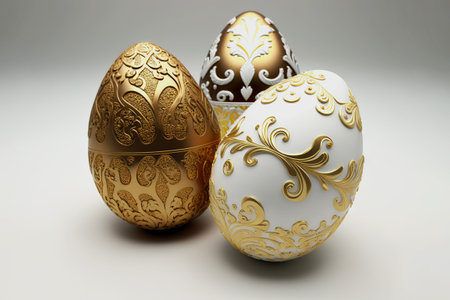 Golden ornate Easter eggs on uniform background. Stylish Easter concept. Generative AI.の素材