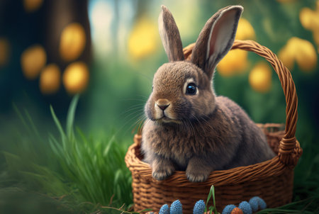 Easter bunny with a basket full of ornate eggs on a green lawn, sunny day. Generative AI.の素材