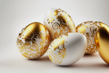 Golden ornate Easter eggs on uniform background. Stylish Easter concept. Generative AI.の素材