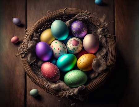 Basket of colorful Easter eggs on wooden background. Generative AI.の素材