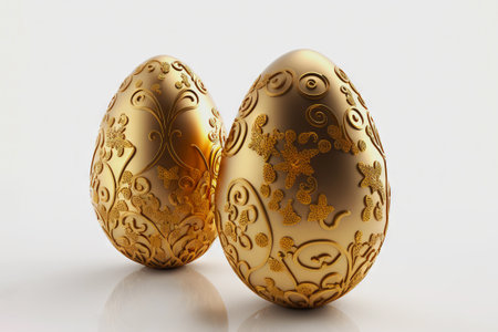 Golden ornate Easter eggs on uniform background. Stylish Easter concept. Generative AI.の素材