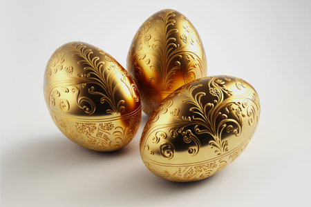 Golden ornate Easter eggs on uniform background. Stylish Easter concept. Generative AI.の素材