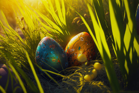Ornate Easter eggs on a grass lawn on a sunny day. Generative AI.の素材
