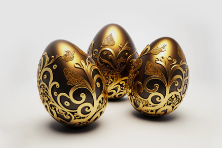 Golden ornate Easter eggs on uniform background. Stylish Easter concept. Generative AI.の素材