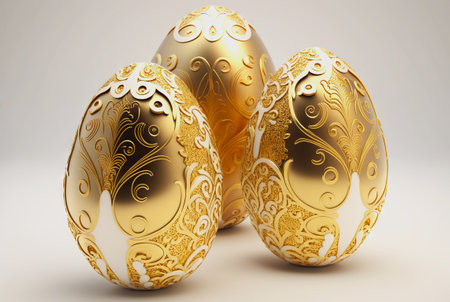 Golden ornate Easter eggs on uniform background. Stylish Easter concept. Generative AI.の素材