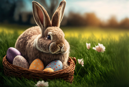 Easter bunny with a basket full of ornate eggs on a green lawn, sunny day. Generative AI.の素材