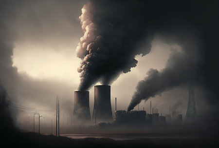 Heavy industry landscape with chimneys, smoke, pollution. Ecology concept. Generative AI.の素材