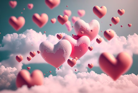 Many pink hearts fly as balloons in the sky with clouds. Romantic background for Valentine's day. Generative AI/の素材