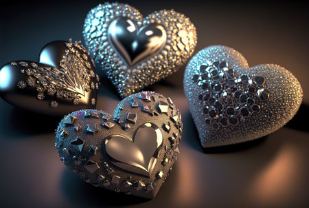 Valentine's Day Silver hearts with diamonds and ornaments. Romantic jewelry. Generative AI.の素材