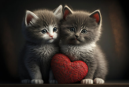 Two cute little kittens with heart. Valentine's gift card concept. Generative AI.の素材