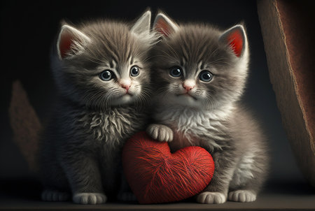 Two cute little kittens with heart. Valentine's gift card concept. Generative AI.の素材