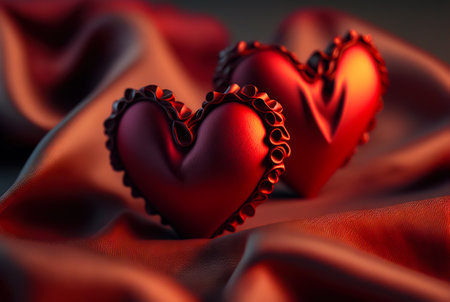 Red silk hearts background. Valentine's Day card. Generative AI.の素材
