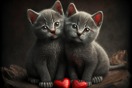 Two cute little kittens with heart. Valentine's gift card concept. Generative AI.の素材