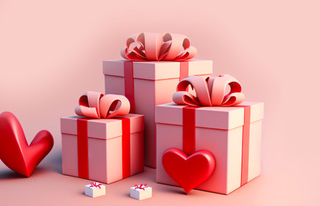 Valentine's Day Gift boxes with red ribbon and hearts on pink background. Generative AI.の素材