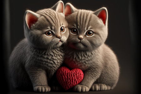 Two cute little kittens with heart. Valentine's gift card concept. Generative AI.の素材