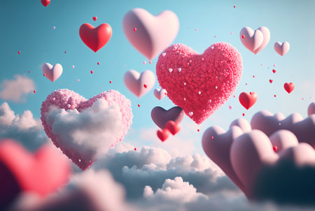 Many pink hearts fly as balloons in the sky with clouds. Romantic background for Valentine's day. Generative AI/の素材