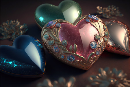 Valentine's Day jewel hearts incrustated with gold. Romantic jewelry. Generative AI.の素材