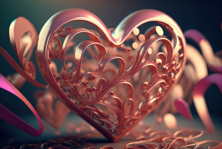 Heart made of weaven ribbons, romantic background. Valentine's day tender backdrop. Generative AI.の素材