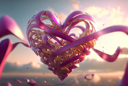 Heart made of weaven ribbons on a sky with clouds romantic background. Valentine's day tender backdrop. Generative AI.の素材