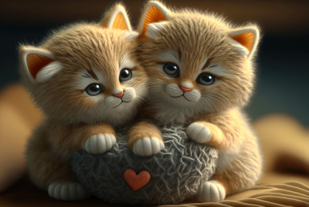 Two cute little kittens with heart. Valentine's gift card concept. Generative AI.の素材
