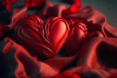 Red silk hearts background. Valentine's Day card. Generative AI.の素材