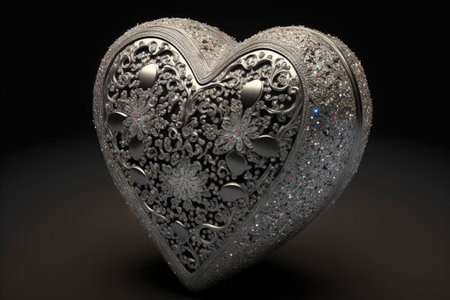Valentine's Day Silver ornate heart with diamonds. Romantic jewelry. Generative AI.の素材