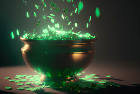 St. Patrick's Day green pot with falling coins. Generative AI.の素材