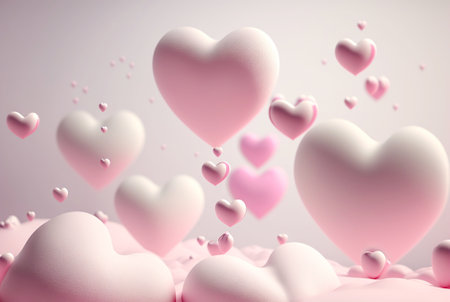 Many pink hearts fly as balloons in the sky with clouds. Romantic background for Valentine's day. Generative AI/の素材