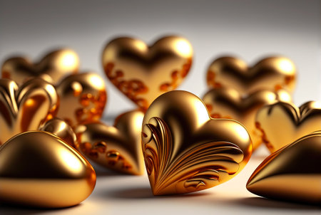 Many golden hearts on background. Valentine's Day card. Generative AI.の素材