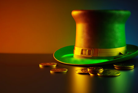 St. Patrick's Day green leprechaun hat with coins under. Generative AI.の素材
