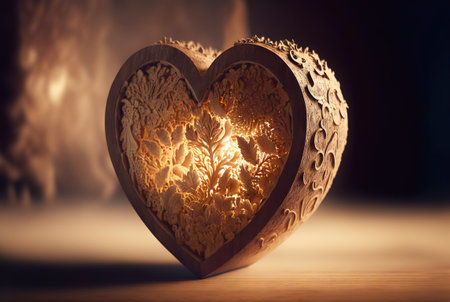Wooden ornate hearts on table. Valentine's day carved hearts. Generative AI.の素材