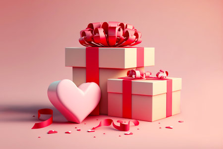 Valentine's Day Gift boxes with red ribbon and hearts on pink background. Generative AI.の素材