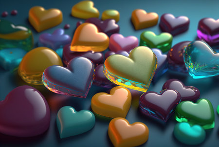 Colorful jelly candy hearts on background. Valentine's day sweet card. Generative AI.の素材