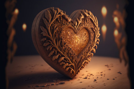 Wooden ornate hearts on table. Valentine's day carved hearts. Generative AI.の素材