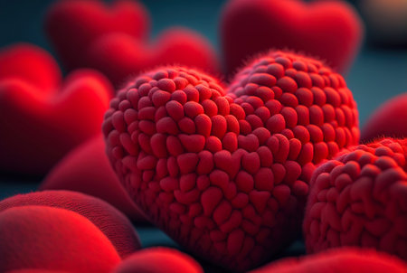 Red plush hearts background. Valentine's day card. Generative AI.の素材