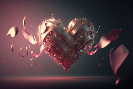 Heart made of weaven ribbons, romantic background. Valentine's day tender backdrop. Generative AI.の素材