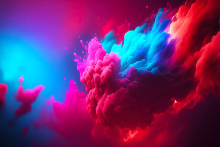 Abstract fluid color background. Layered paint swirls and twists. Blue and viva magenta wallpaper. Generative AI.の素材