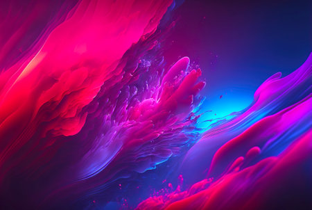 Abstract fluid color background. Layered paint swirls and twists. Blue and viva magenta wallpaper. Generative AI.の素材