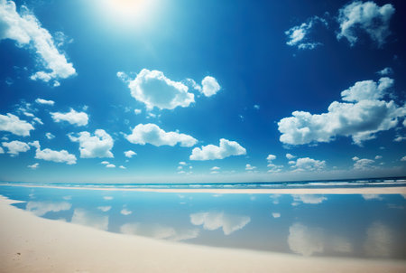 Empty white beach with a bright blue sky. Idyllic tropical seascape. Paradise beach. Generative AI.の素材