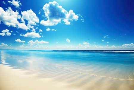 Empty white beach with a bright blue sky. Idyllic tropical seascape. Paradise beach. Generative AI.の素材
