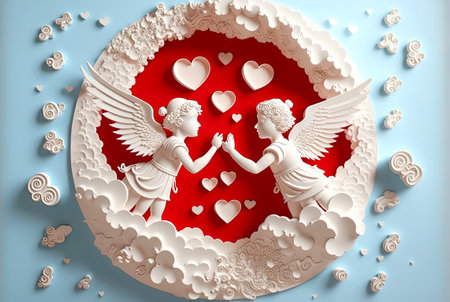 Two paper cut cupids with clouds and hearts. Valentine's day concept. Generative AI.の素材